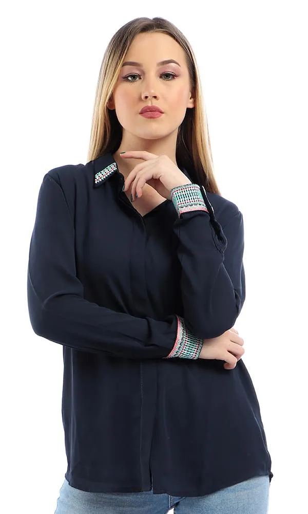 38947 Elegant Stitched Long Sleeves Buttoned Navy Blue Shirt