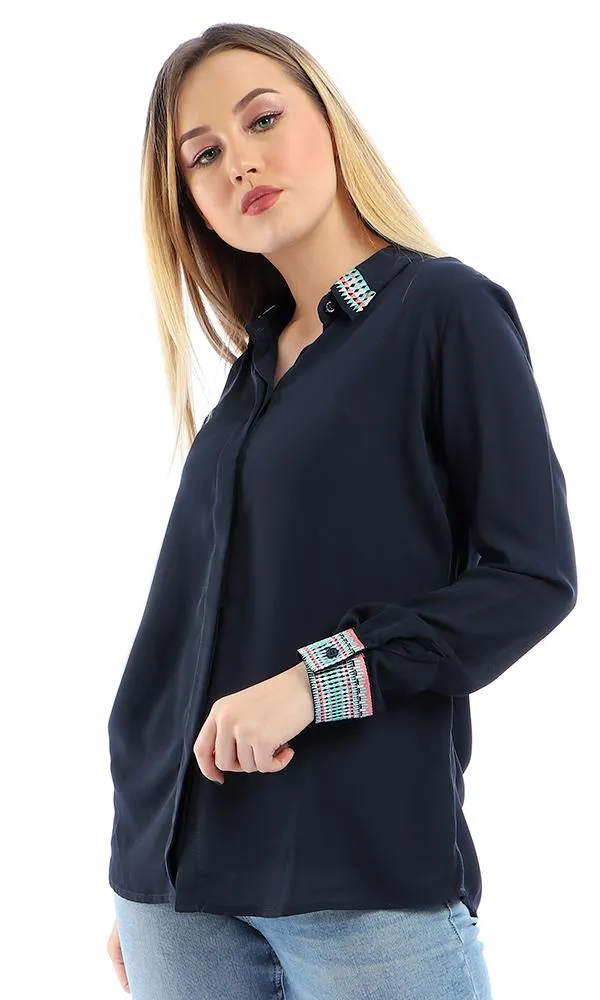 38947 Elegant Stitched Long Sleeves Buttoned Navy Blue Shirt