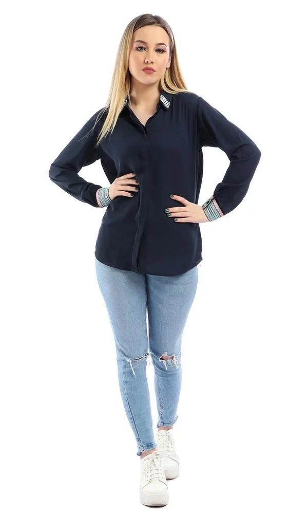 38947 Elegant Stitched Long Sleeves Buttoned Navy Blue Shirt