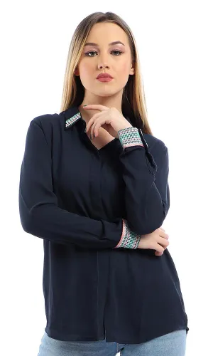 38947 Elegant Stitched Long Sleeves Buttoned Navy Blue Shirt