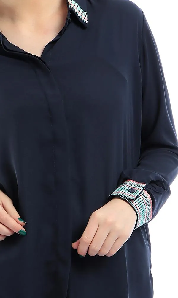 38947 Elegant Stitched Long Sleeves Buttoned Navy Blue Shirt