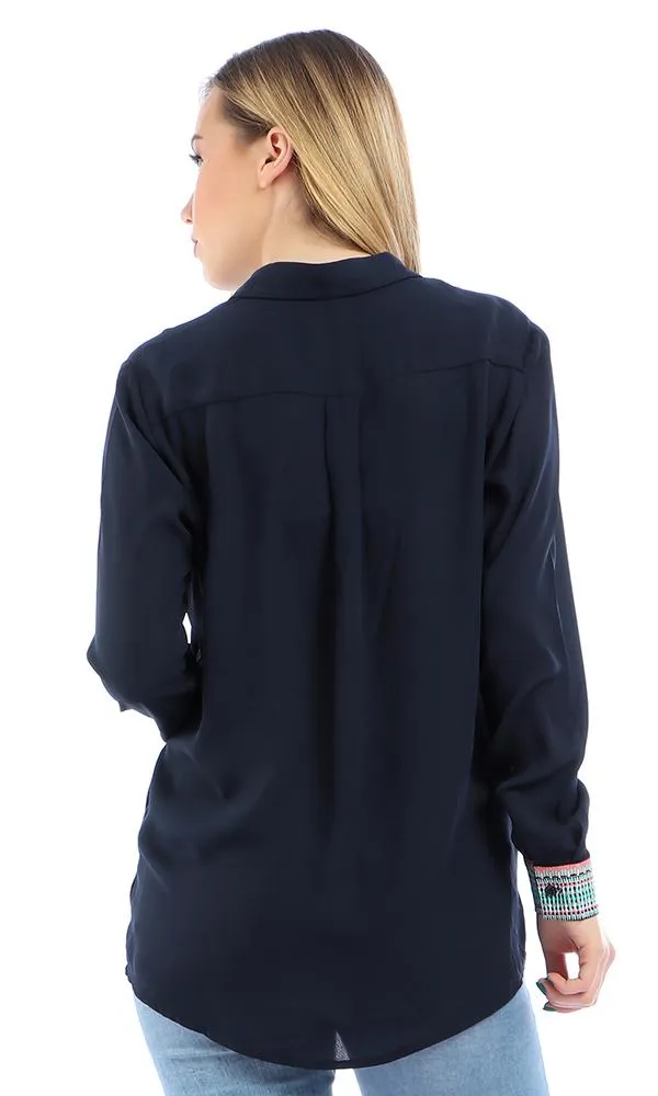 38947 Elegant Stitched Long Sleeves Buttoned Navy Blue Shirt