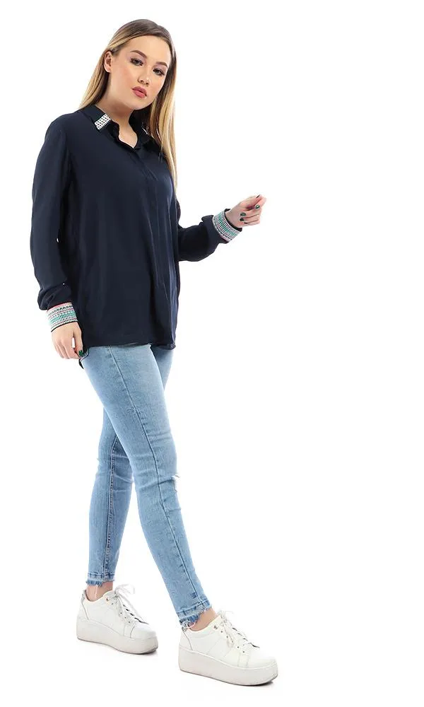 38947 Elegant Stitched Long Sleeves Buttoned Navy Blue Shirt