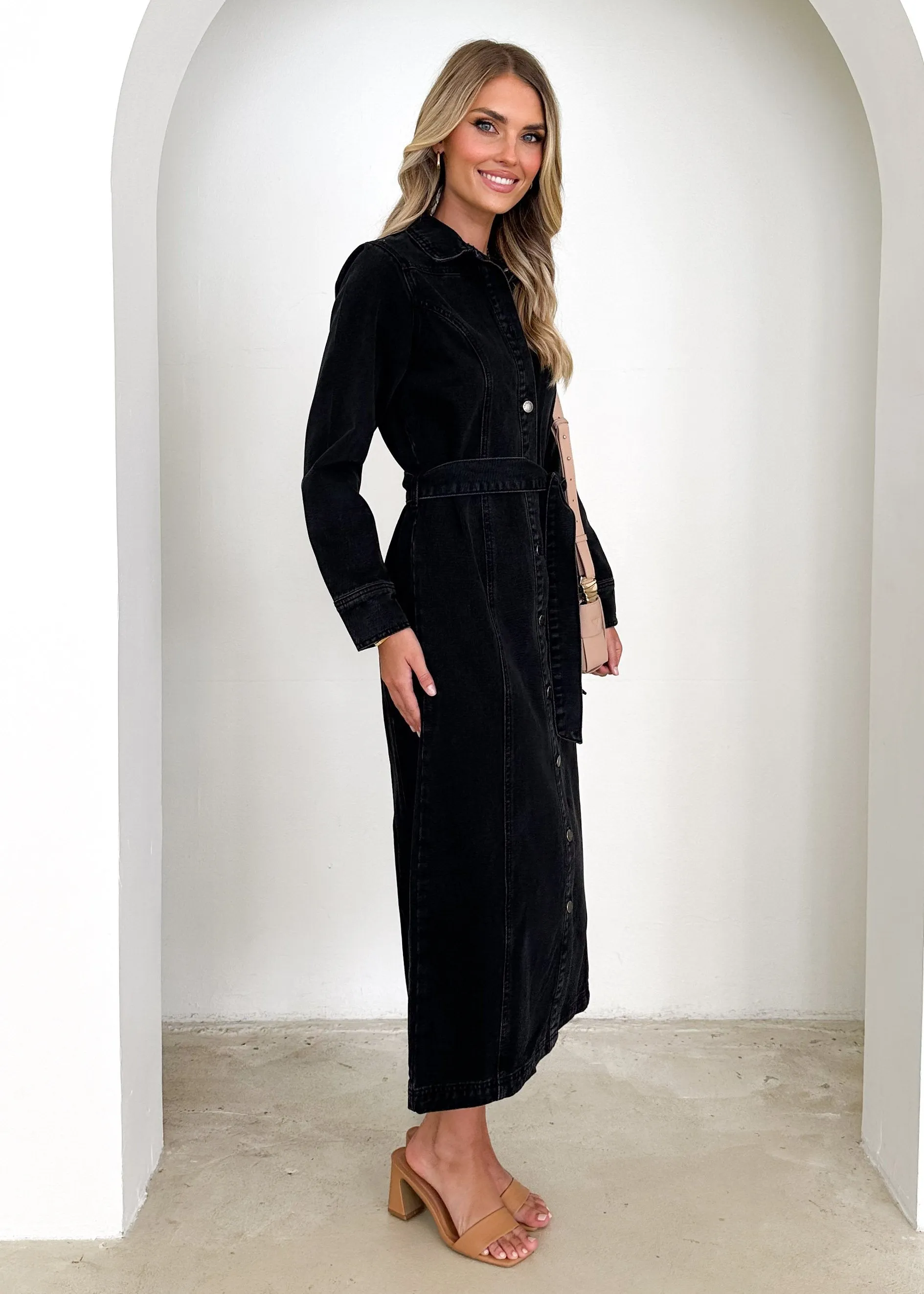 Aimee Denim Maxi Dress - Black