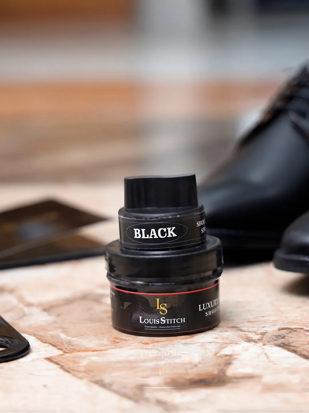 Black and Neutral Leather Shoe Cream with Applicator For Leather items