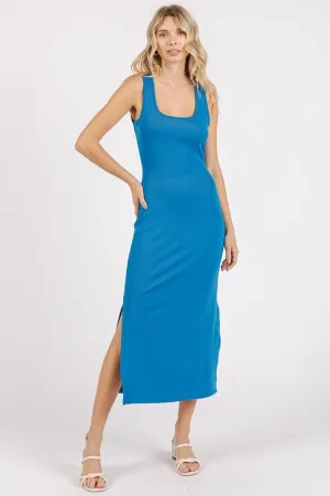 Blue Side Slit Wide Strap Midi Tank Dress