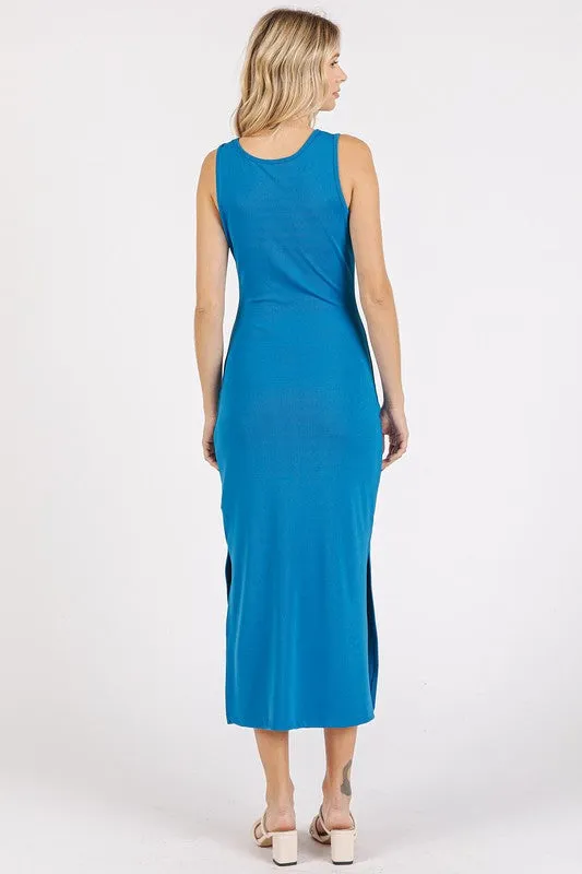 Blue Side Slit Wide Strap Midi Tank Dress
