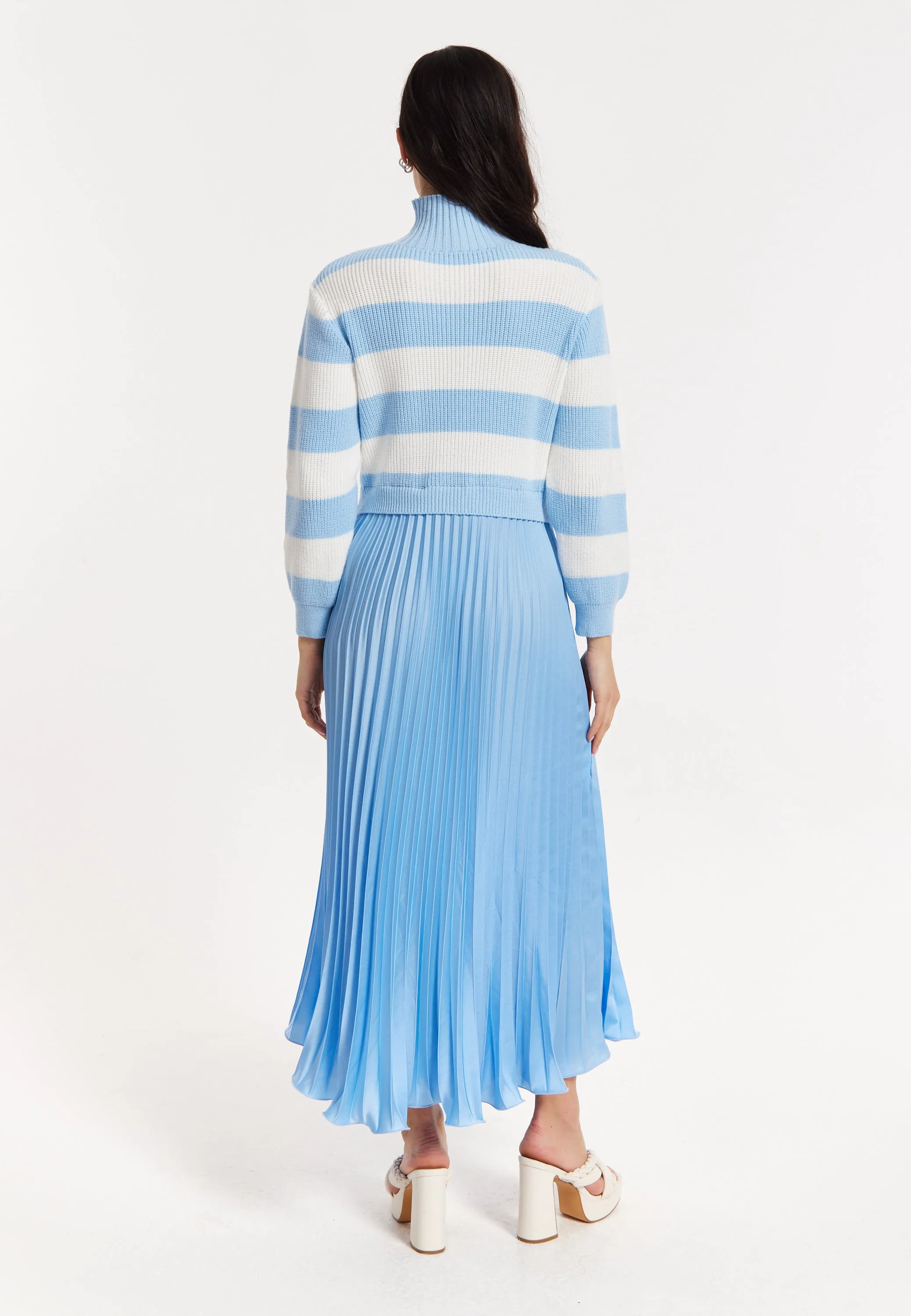 Blue Stripe Turtleneck Pleated Maxi Dress