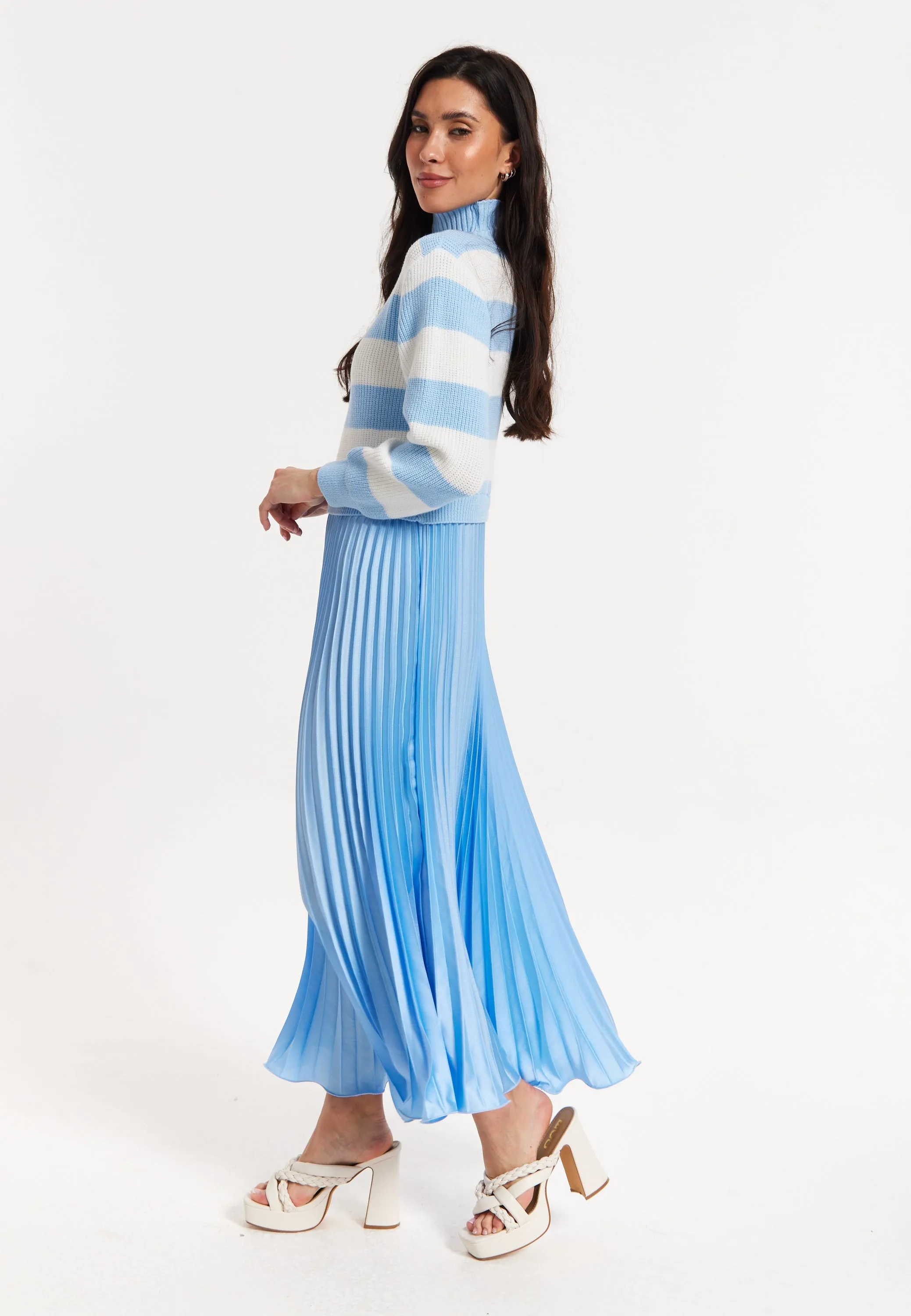 Blue Stripe Turtleneck Pleated Maxi Dress