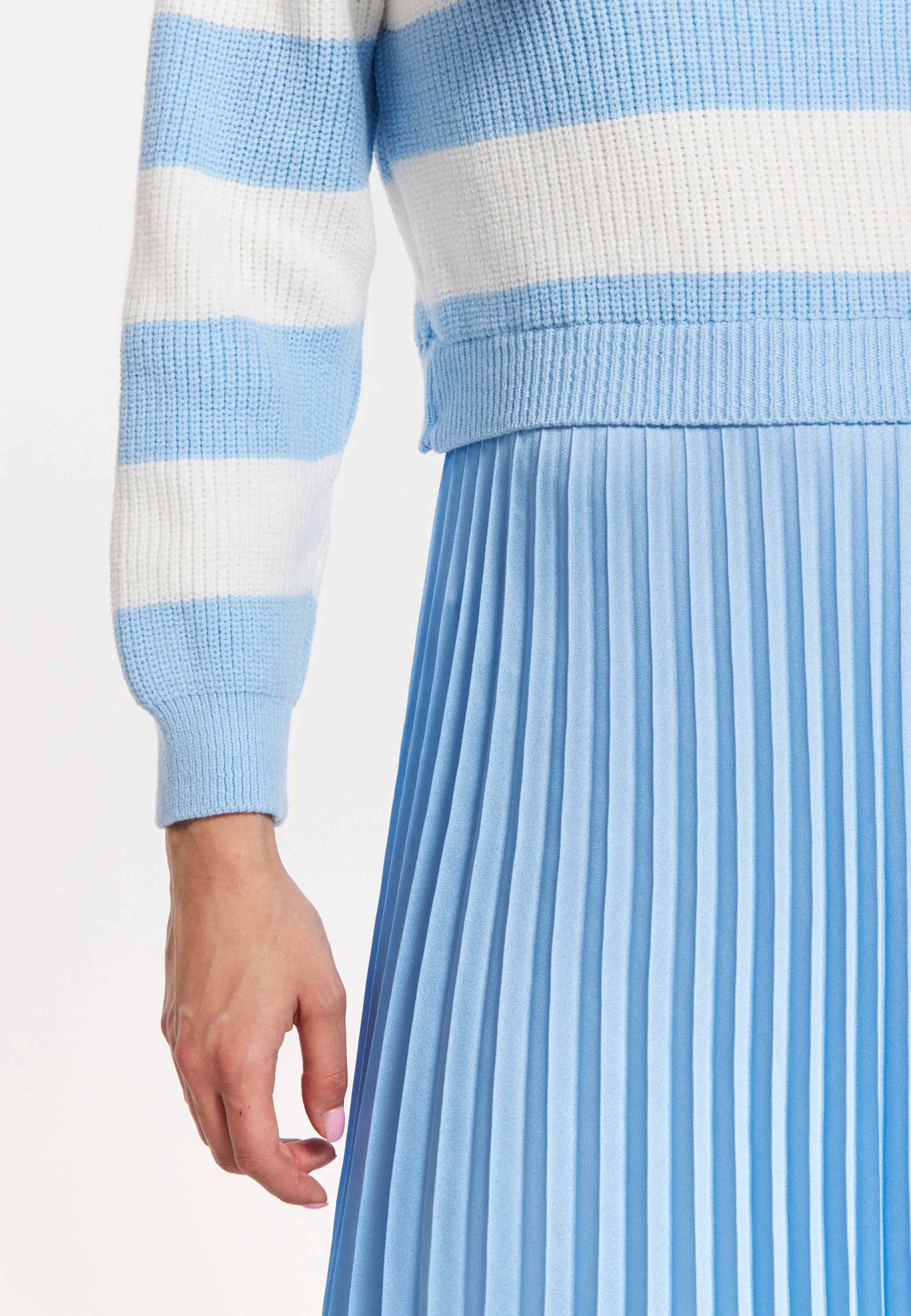 Blue Stripe Turtleneck Pleated Maxi Dress