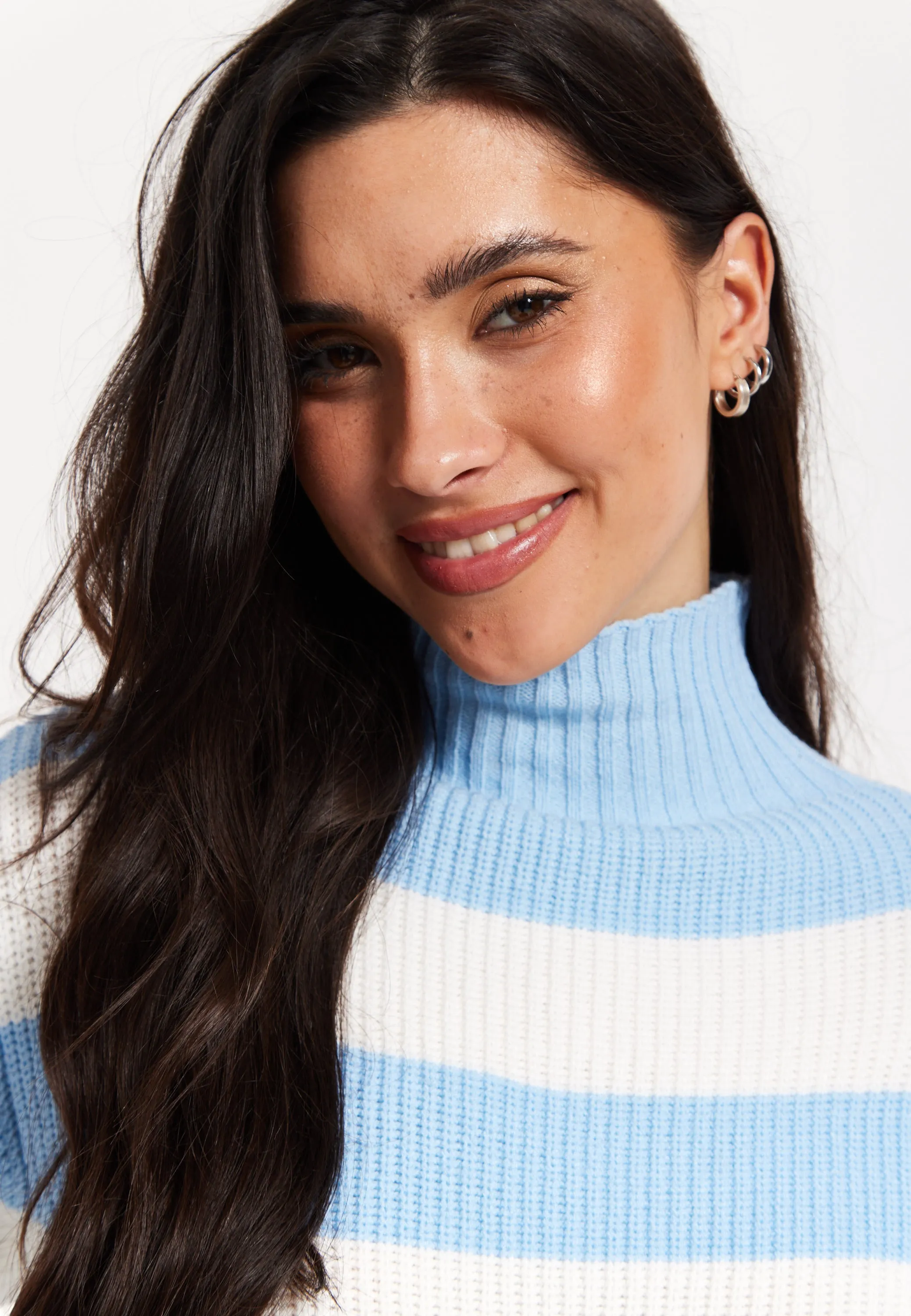 Blue Stripe Turtleneck Pleated Maxi Dress