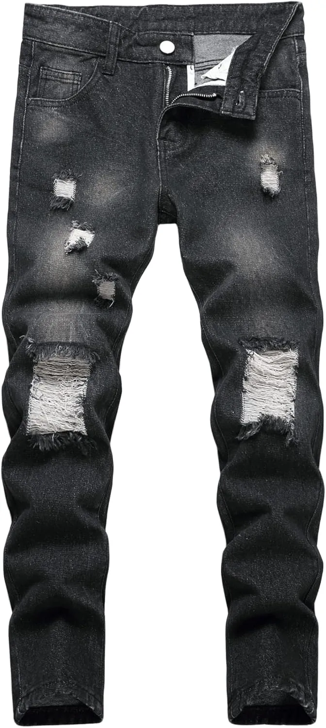 Boy's Skinny Fit Ripped Destroyed Distressed Fashion Denim Jeans Pants