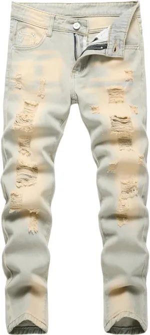 Boy's Skinny Fit Ripped Destroyed Distressed Fashion Denim Jeans Pants