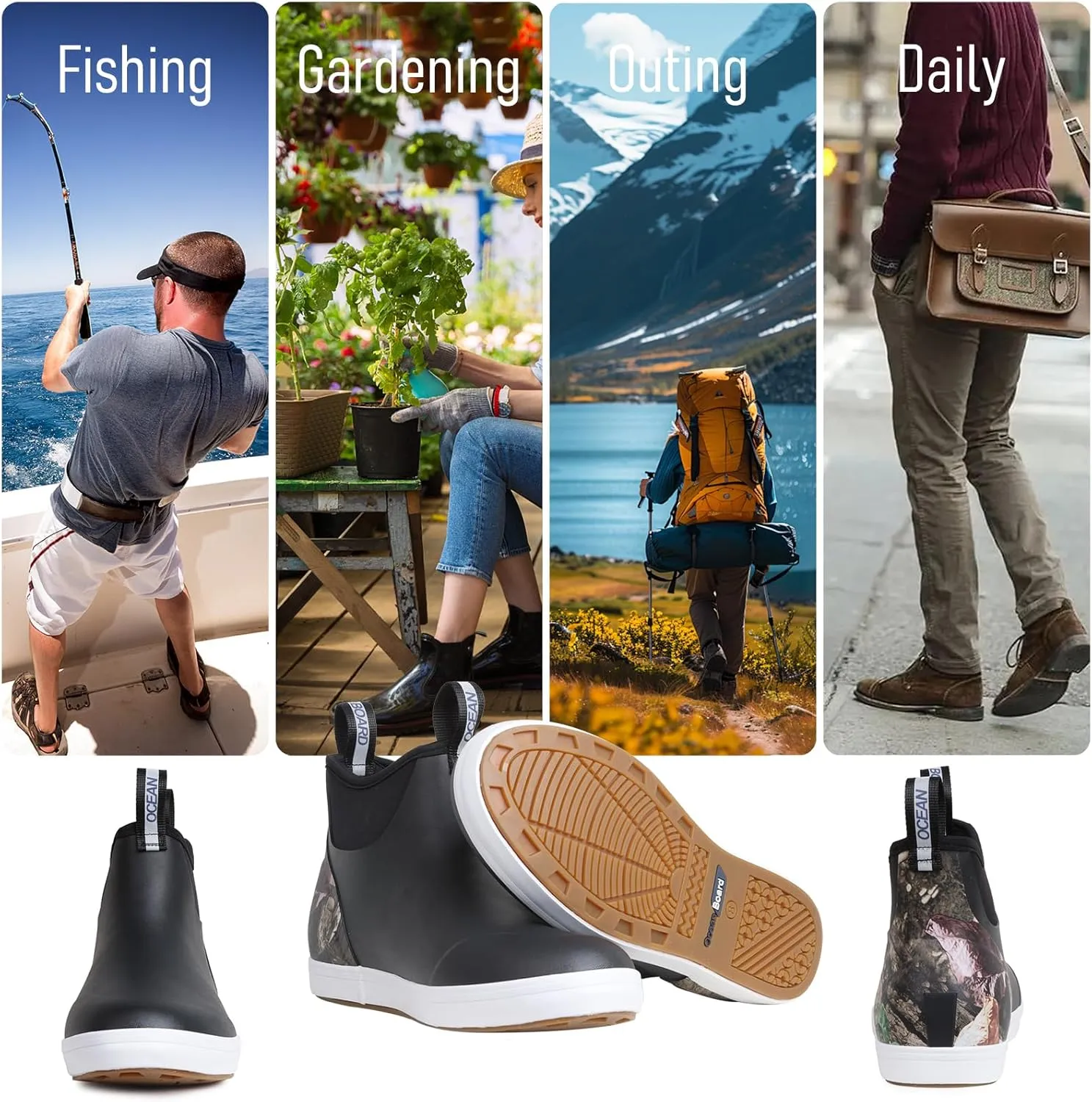 Camo Deck Boots for Men Waterproof Anti-Slip Rubber Ankle Rain Boots for Fishing Gardening Outing