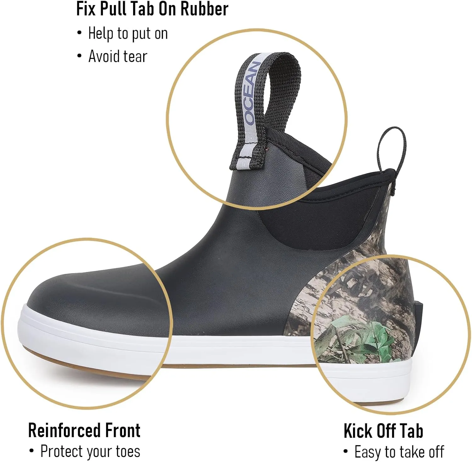 Camo Deck Boots for Men Waterproof Anti-Slip Rubber Ankle Rain Boots for Fishing Gardening Outing