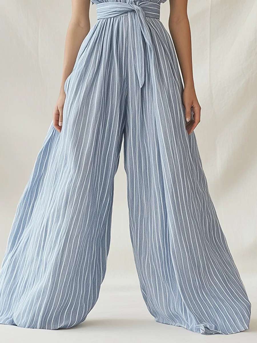 Casual Simple Loose Sleeveless Blue Striped Wide-Leg Jumpsuit
