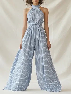 Casual Simple Loose Sleeveless Blue Striped Wide-Leg Jumpsuit