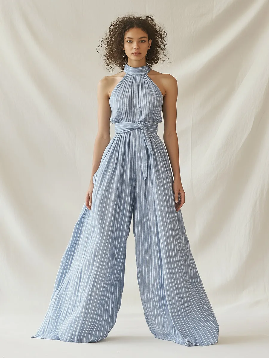 Casual Simple Loose Sleeveless Blue Striped Wide-Leg Jumpsuit