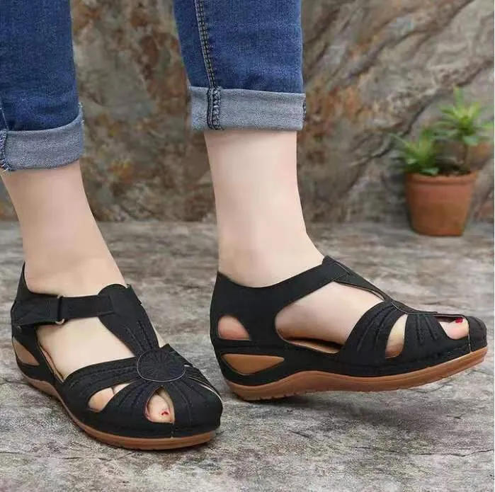 Chicvane Cut Out Velcro Closure Leather Wedge Sandals