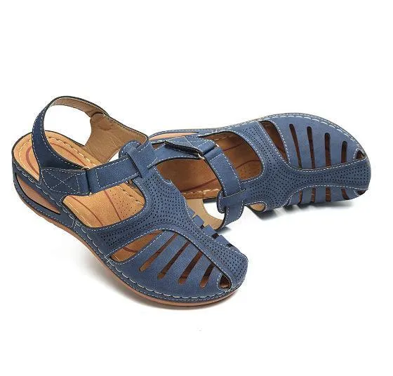 Chicvane Cut Out Velcro Closure Leather Wedge Sandals