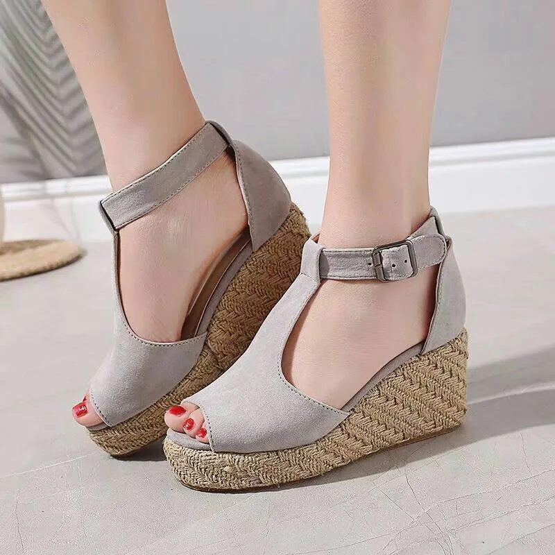 Chicvane Peep Toe Espadrille Shoes with Buckle Wedge Sandals