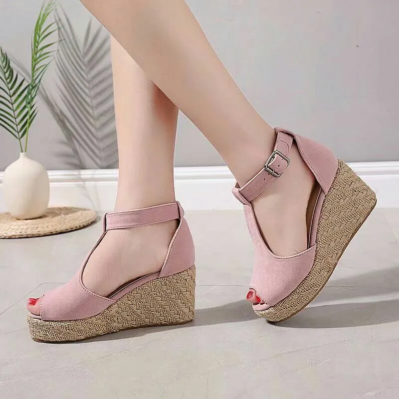 Chicvane Peep Toe Espadrille Shoes with Buckle Wedge Sandals