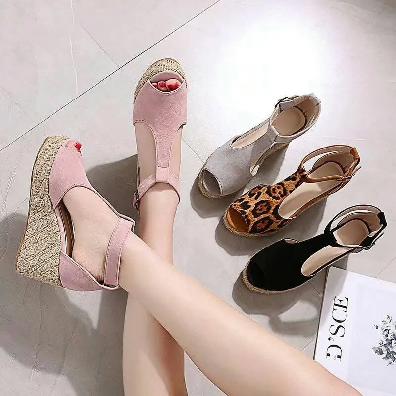 Chicvane Peep Toe Espadrille Shoes with Buckle Wedge Sandals