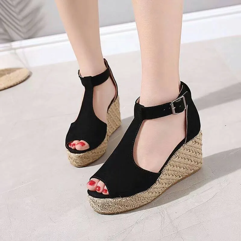 Chicvane Peep Toe Espadrille Shoes with Buckle Wedge Sandals