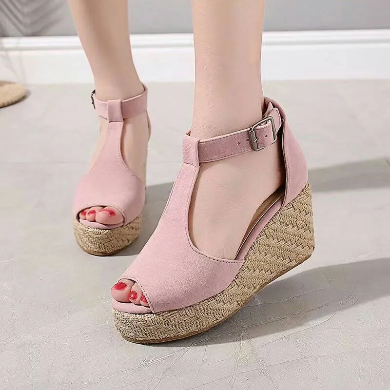 Chicvane Peep Toe Espadrille Shoes with Buckle Wedge Sandals