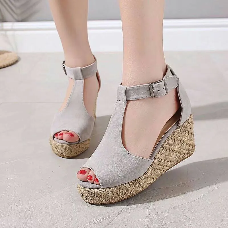 Chicvane Peep Toe Espadrille Shoes with Buckle Wedge Sandals