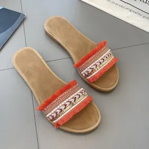 Chicvane Plus Size Ethnic Patterns Flat Sandals Slides Shoes