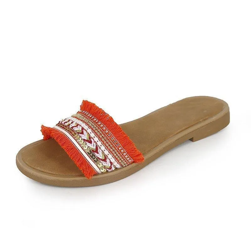 Chicvane Plus Size Ethnic Patterns Flat Sandals Slides Shoes