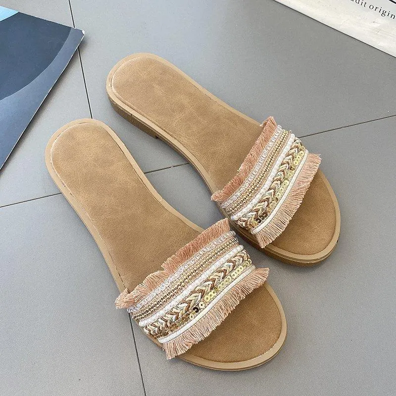 Chicvane Plus Size Ethnic Patterns Flat Sandals Slides Shoes