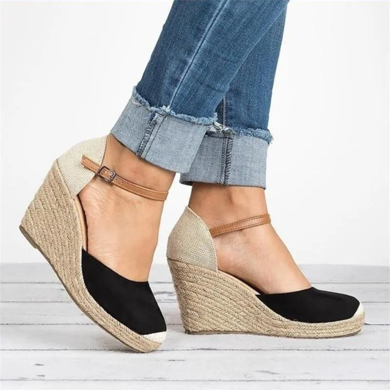 Chicvane Round Toe Platform Pumps Espadrille Shoes with Buckle Wedge Sandals