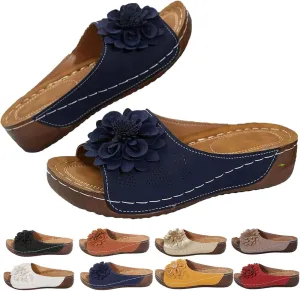 Comfortable Non-slip Solid Color Open-Toe Wedge Sandals, for Women Arch Support Slides Orthopedic Sandals, Casual Comfy Slides Flat Beach Sandalss