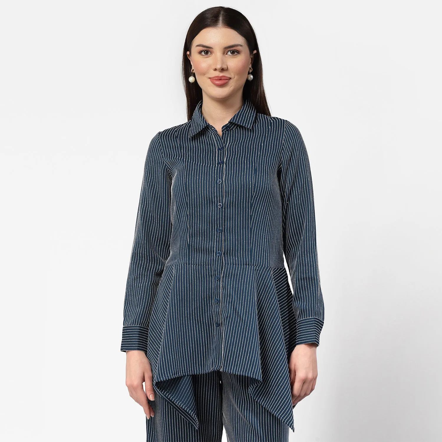 Dark Blue Asymmetrical Shirt With White Lines