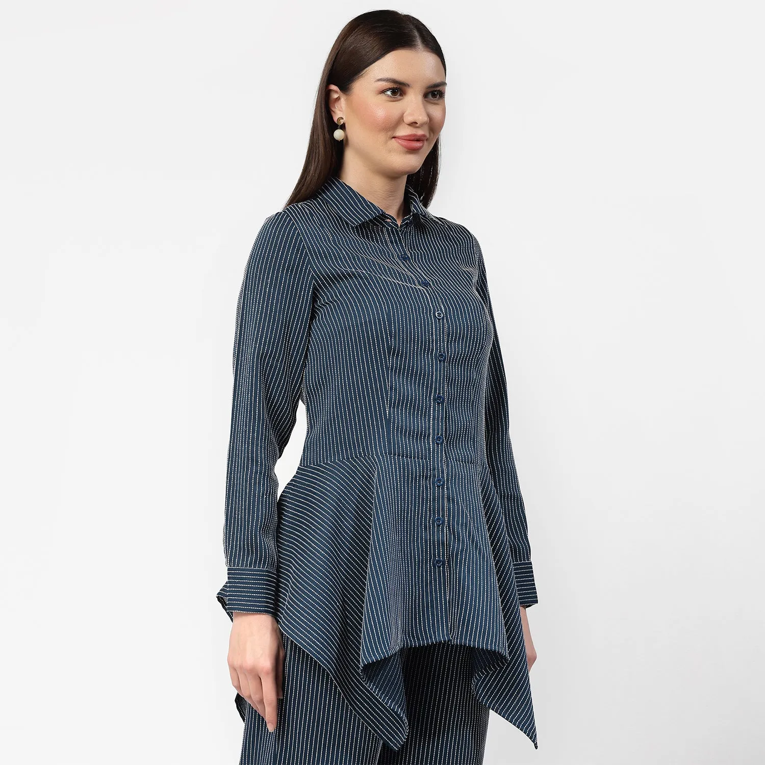 Dark Blue Asymmetrical Shirt With White Lines