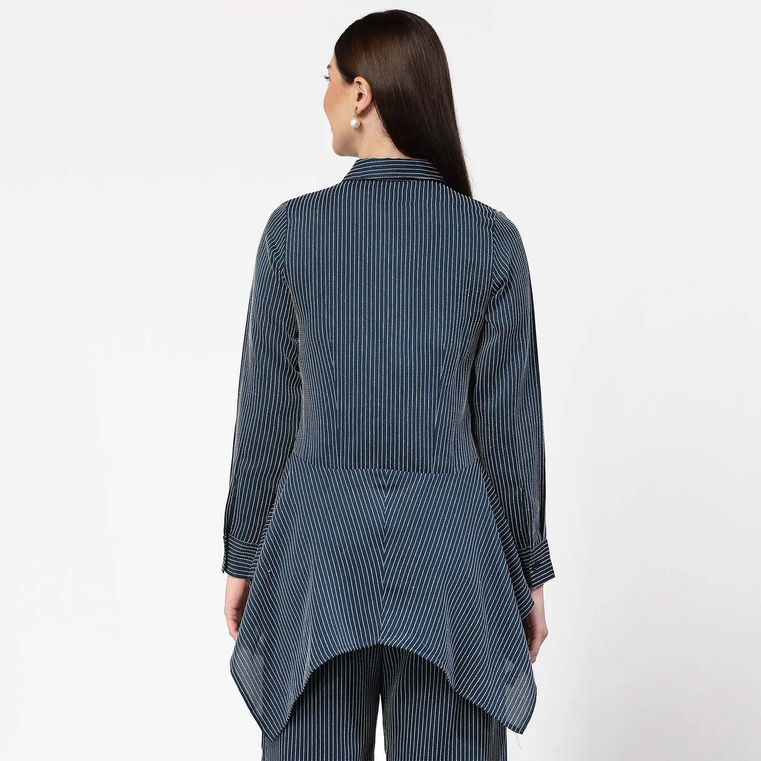 Dark Blue Asymmetrical Shirt With White Lines