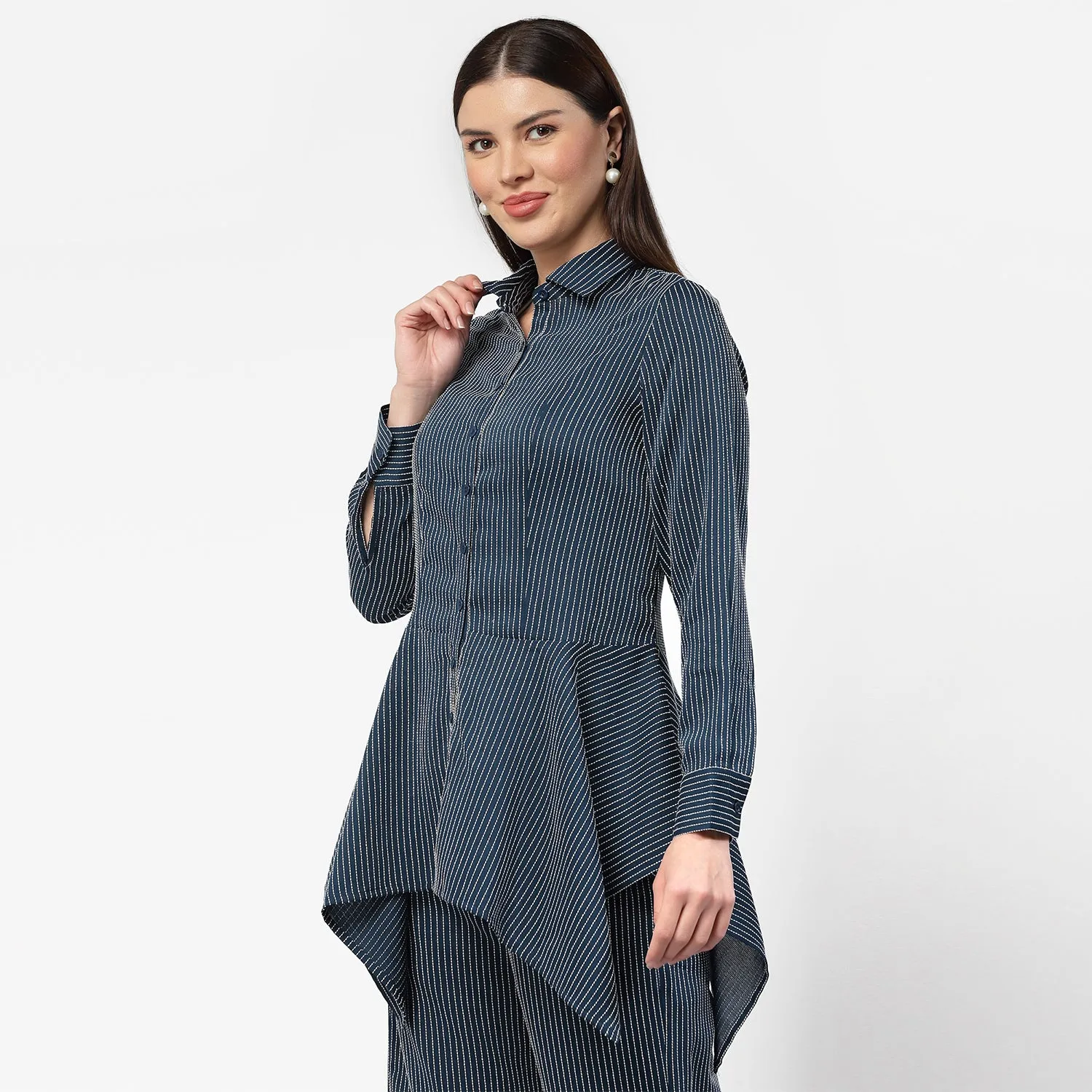 Dark Blue Asymmetrical Shirt With White Lines