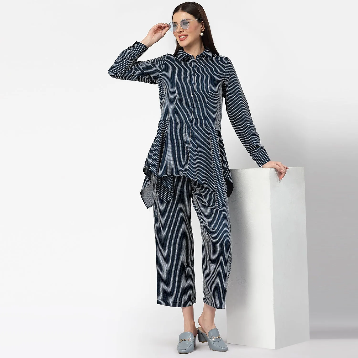 Dark Blue Asymmetrical Shirt With White Lines
