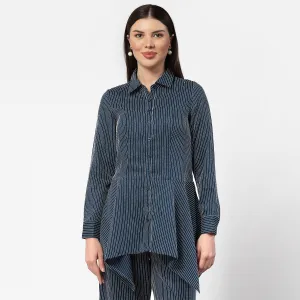 Dark Blue Asymmetrical Shirt With White Lines