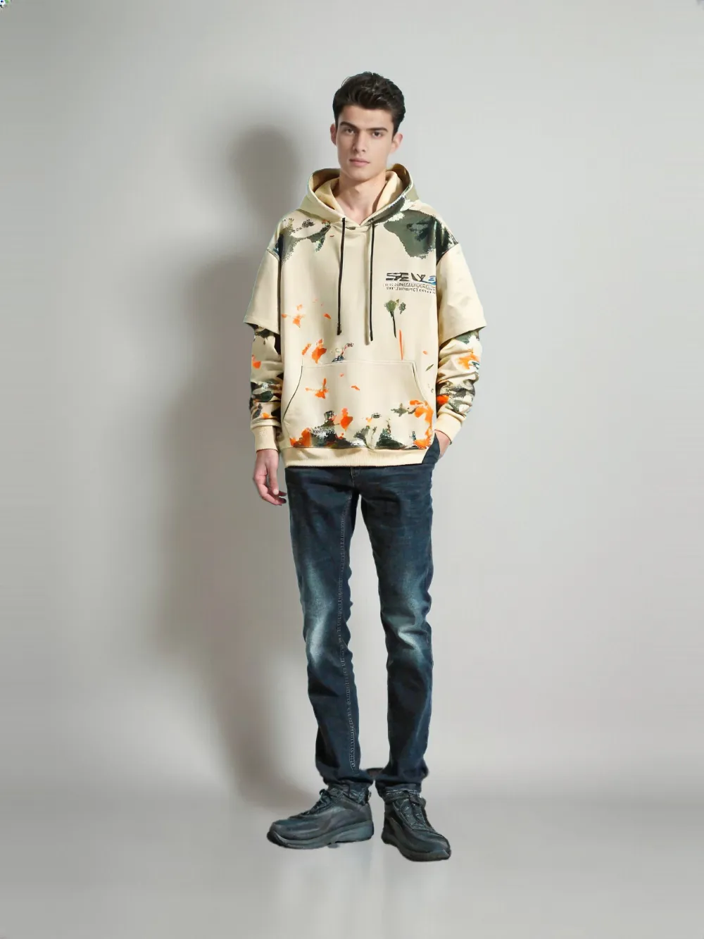 HOD25001 Unisex 100% Polyester Hoodie with Splash Print and Double Layer Sleeve