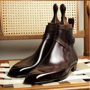Men’s Belt Buckle Martin Boots – Leather Stitch Short Boots in Brown