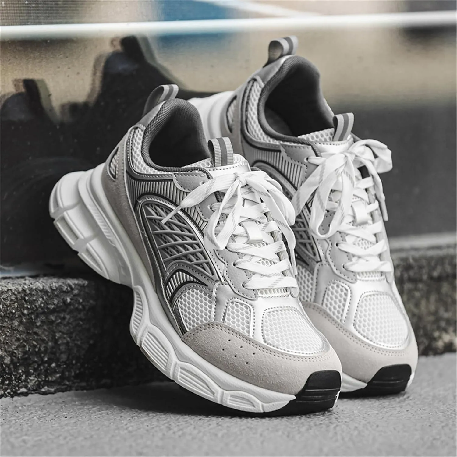 Men's Fashion Chunky Platform Lace-Up Mesh Sneakers Casual Lightweight Round Toe Autumn Trainers Walking Travel Dad Shoes