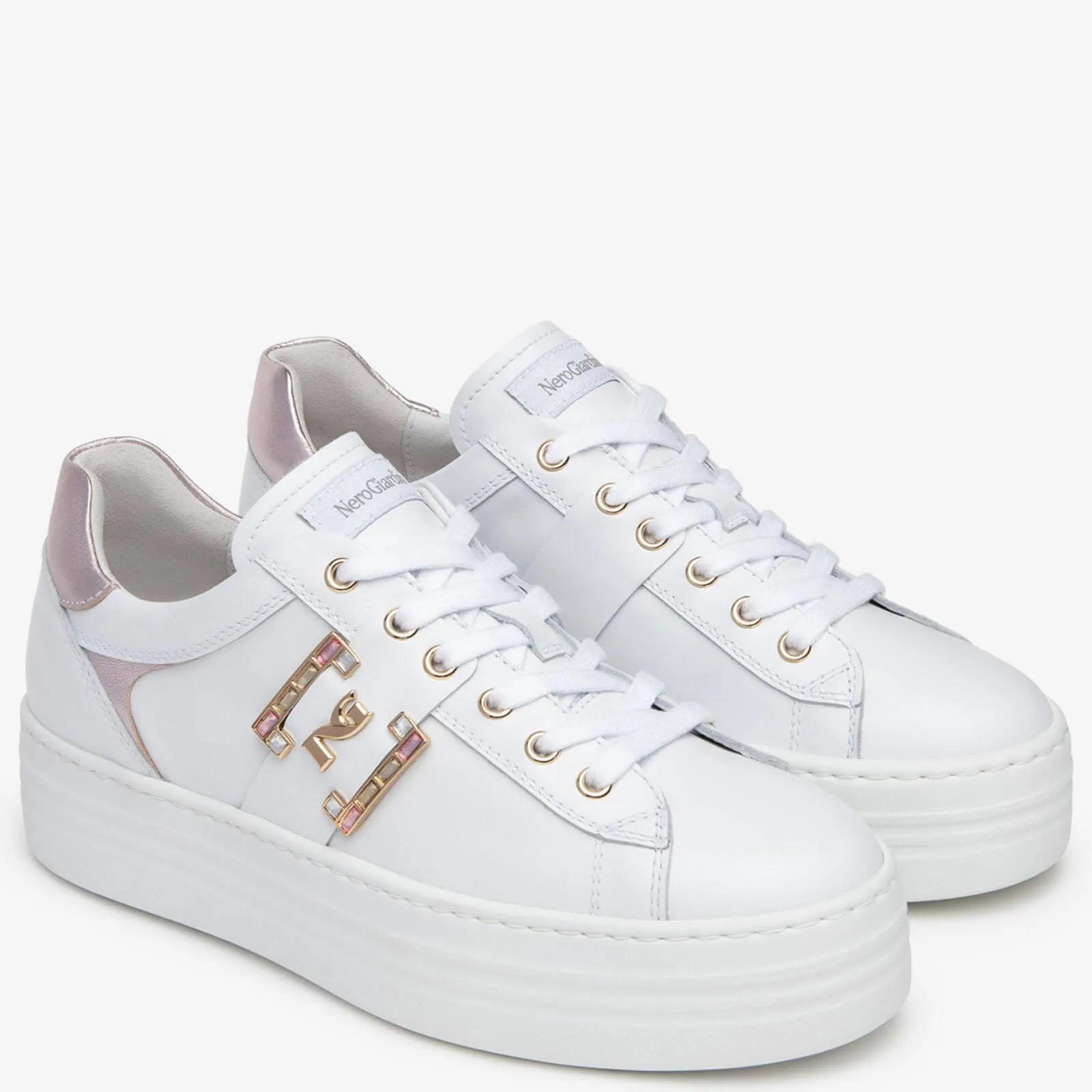 NeroGiardini White Leather Pink Sparkly Logo Sneakers
