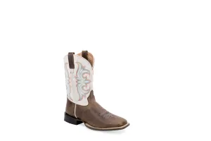 Old West Mens Broad Square Toe Brown/White Leather Cowboy Boots