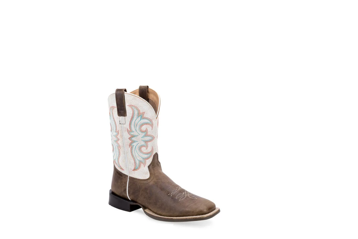 Old West Mens Broad Square Toe Brown/White Leather Cowboy Boots