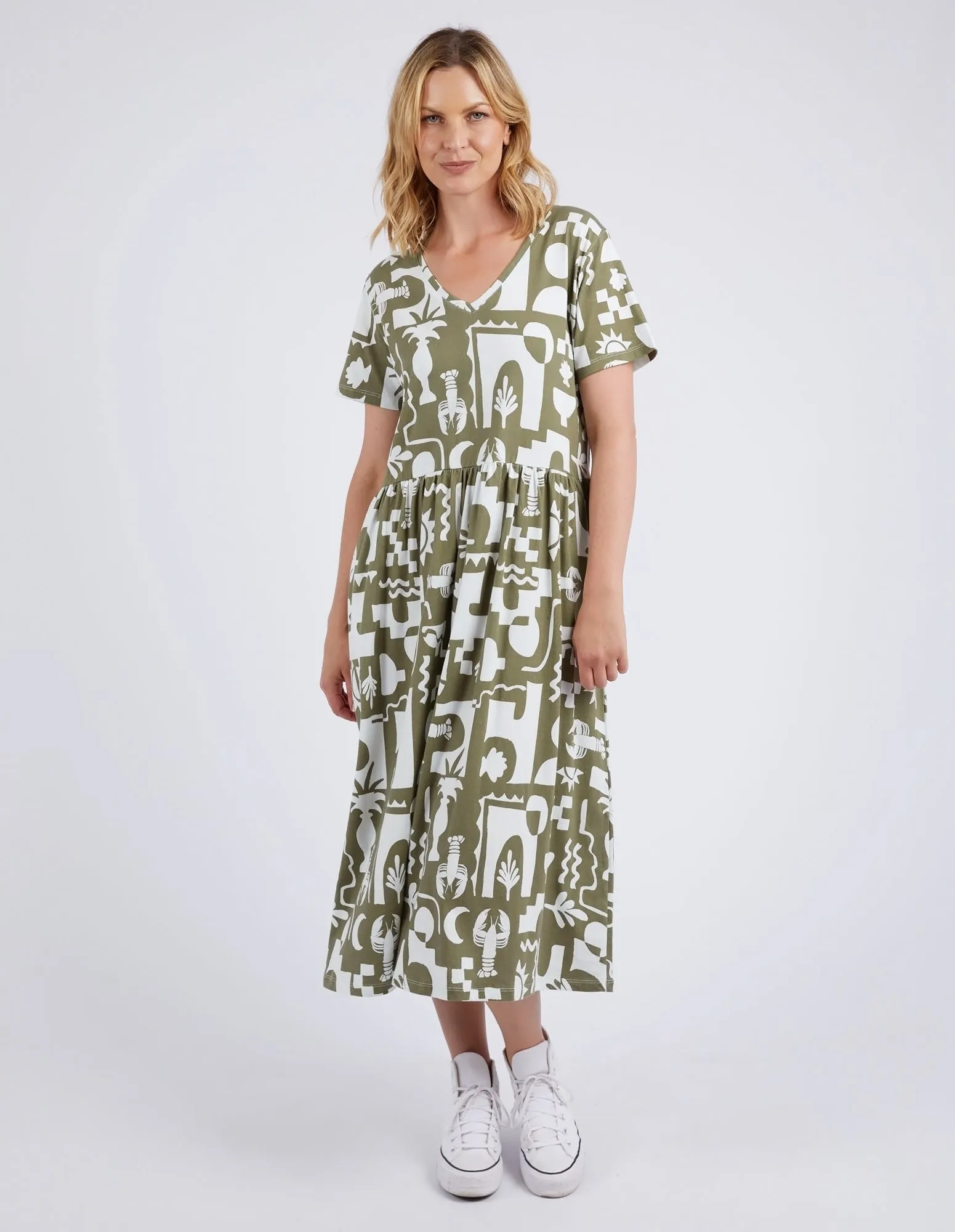 Postcard Tee Dress Khaki & Cream Print