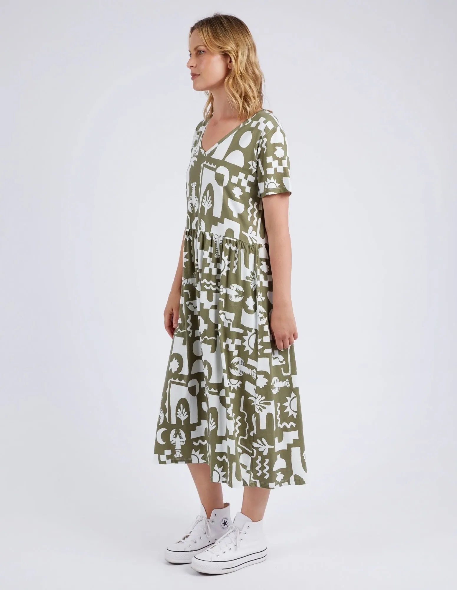 Postcard Tee Dress Khaki & Cream Print