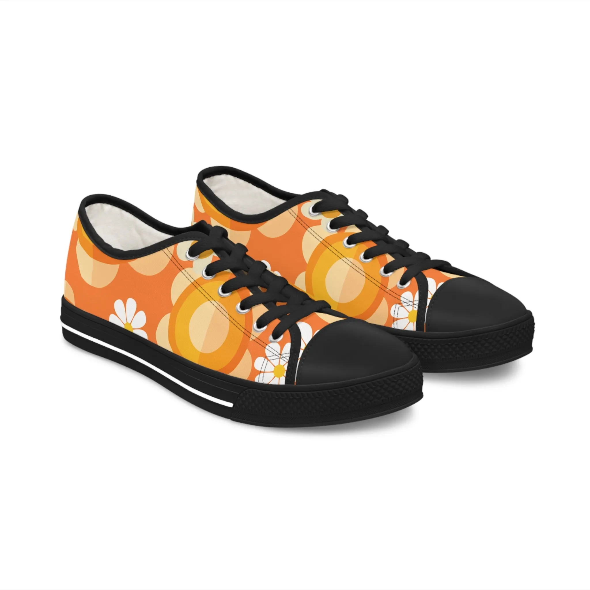 Retro 70s Floral Women's Low Top Sneakers - Trendy Orange Design